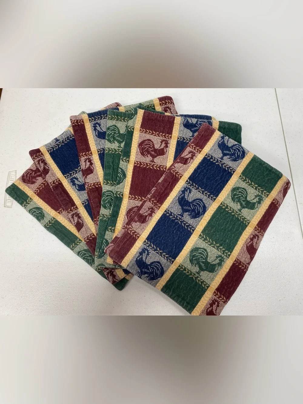 Vintage rooster tapestry placemats set of 6 textured red blue green country